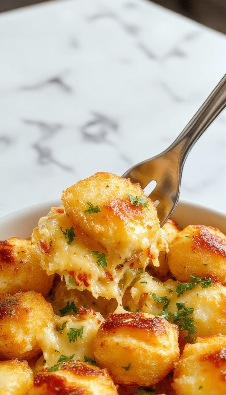 A colorful casserole dish filled with golden crispy tater tots topped with melted cheese and chopped fresh herbs, served on a rustic wooden table with a spoon scooping out a portion, showcasing the creamy layers and crunchy topping, vibrant yellow cheese contrasting with the crispy brown tots.