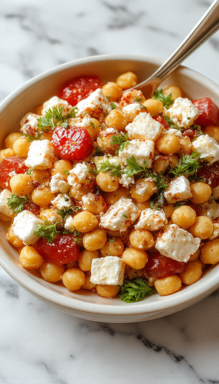 A colorful Mediterranean chickpea and feta salad in a bowl, garnished with fresh herbs and lemon wedges, showcasing vibrant ingredients.