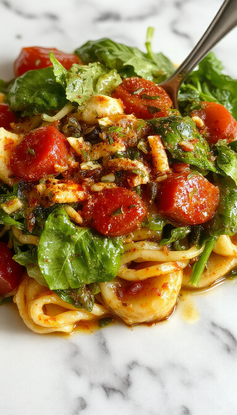 A vibrant plate of spinach and tomato pasta showcasing fresh green spinach leaves and juicy red cherry tomatoes mixed with al dente spaghetti, garnished with grated cheese and fresh basil, colorful and appetizing with a rustic wooden background.