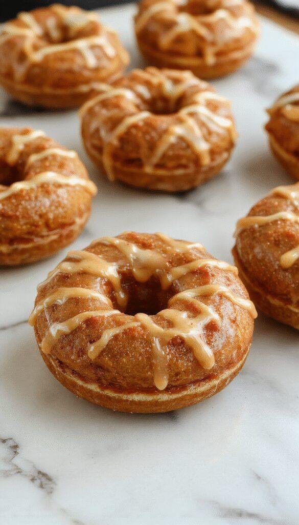 A plate of warm autumn spice donuts topped with a drizzle of rich maple syrup, surrounded by falling autumn leaves.