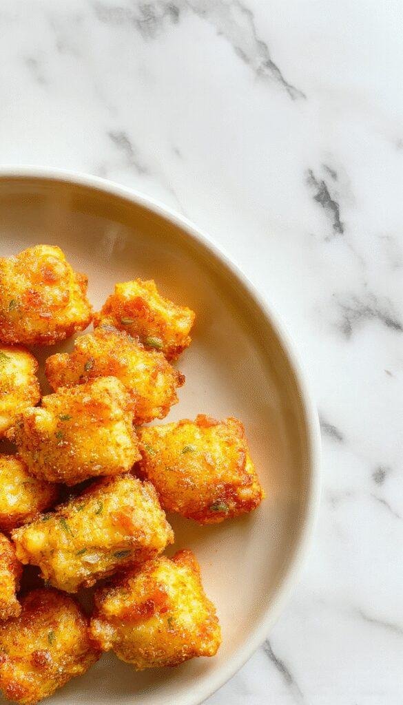 Colorful plate of golden-brown lemon chicken bites cooked in an air fryer, garnished with fresh lemon slices and chopped parsley, served on a white ceramic dish with a textured background, showcasing crispy textures and vibrant yellow lemon accents.