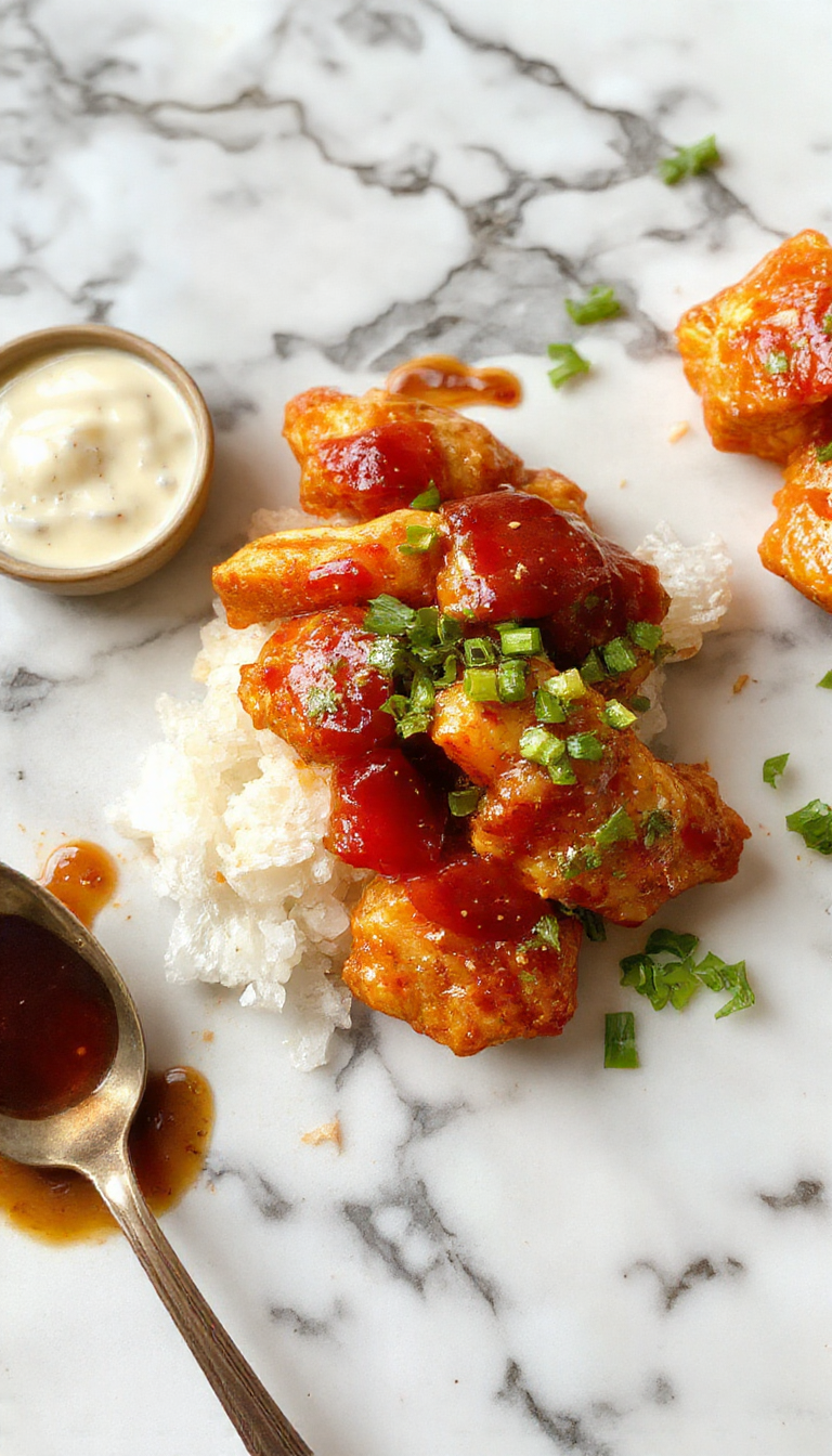 A plate of Zesty Asian Sweet Chili Chicken garnished with green herbs, served with steamed vegetables and rice, showcasing colorful and vibrant flavors.