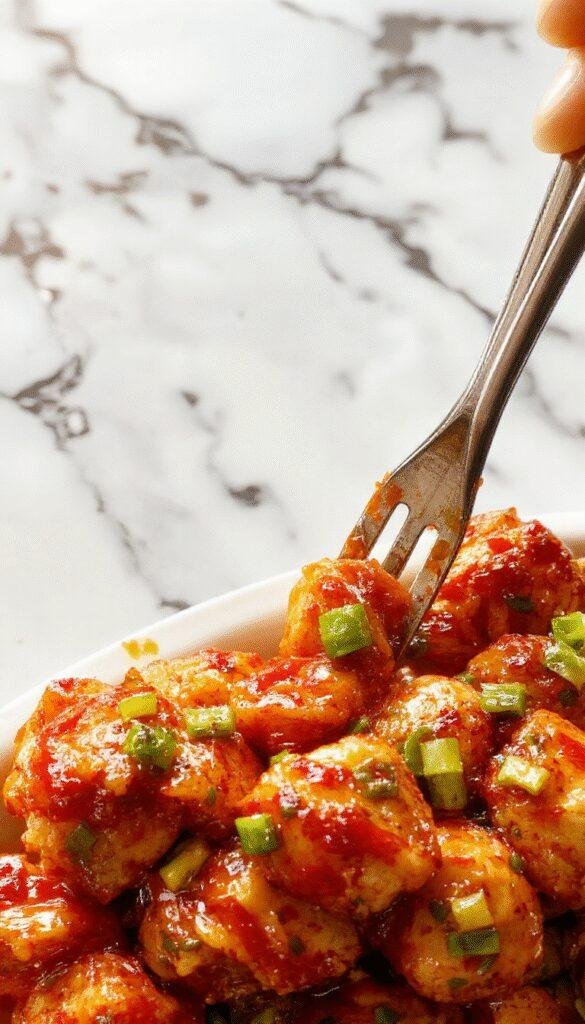 Juicy pieces of Zesty Asian Sweet Chili Chicken garnished with chopped green onions and sesame seeds, served on a white plate with a glossy sauce.