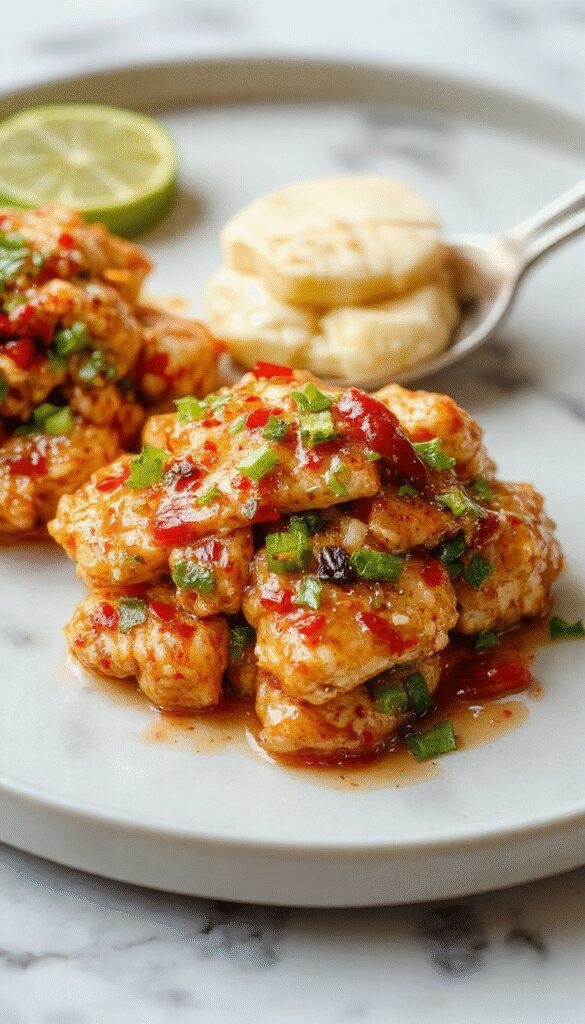 A sizzling plate of Zesty Asian Sweet Chili Chicken garnished with fresh herbs and sesame seeds, served with steamed rice and colorful vegetables.
