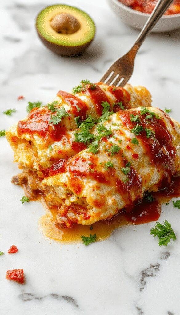 A delicious Zesty Chicken Burrito Bake served on a plate, topped with fresh cilantro and a dollop of sour cream, with melted cheese and spicy chicken filling visible.