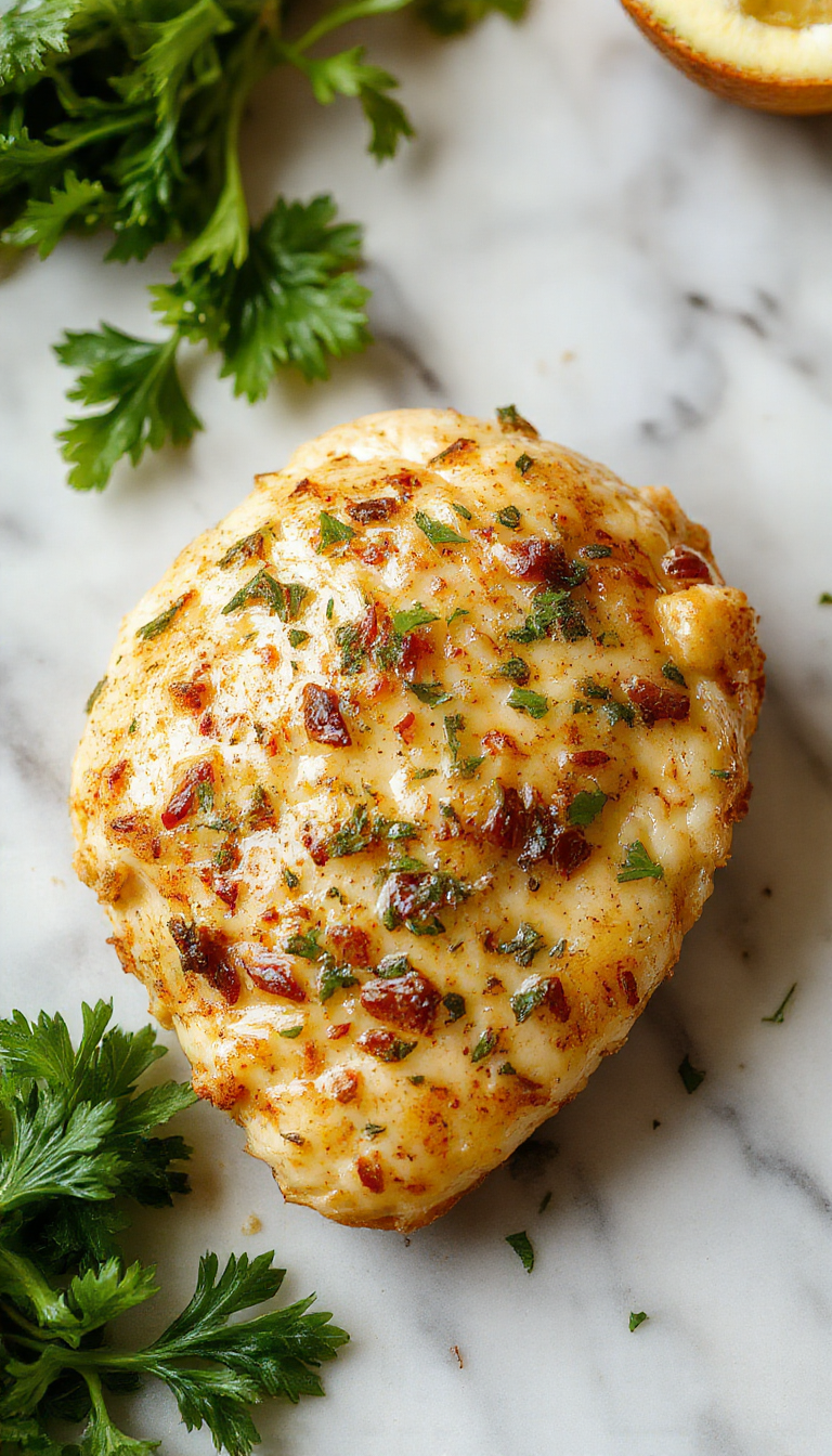 A plate of Zesty Creamy Garlic Herb Cajun Chicken featuring tender chicken breasts topped with creamy herb sauce and sprinkled Cajun spices, garnished with fresh herbs.