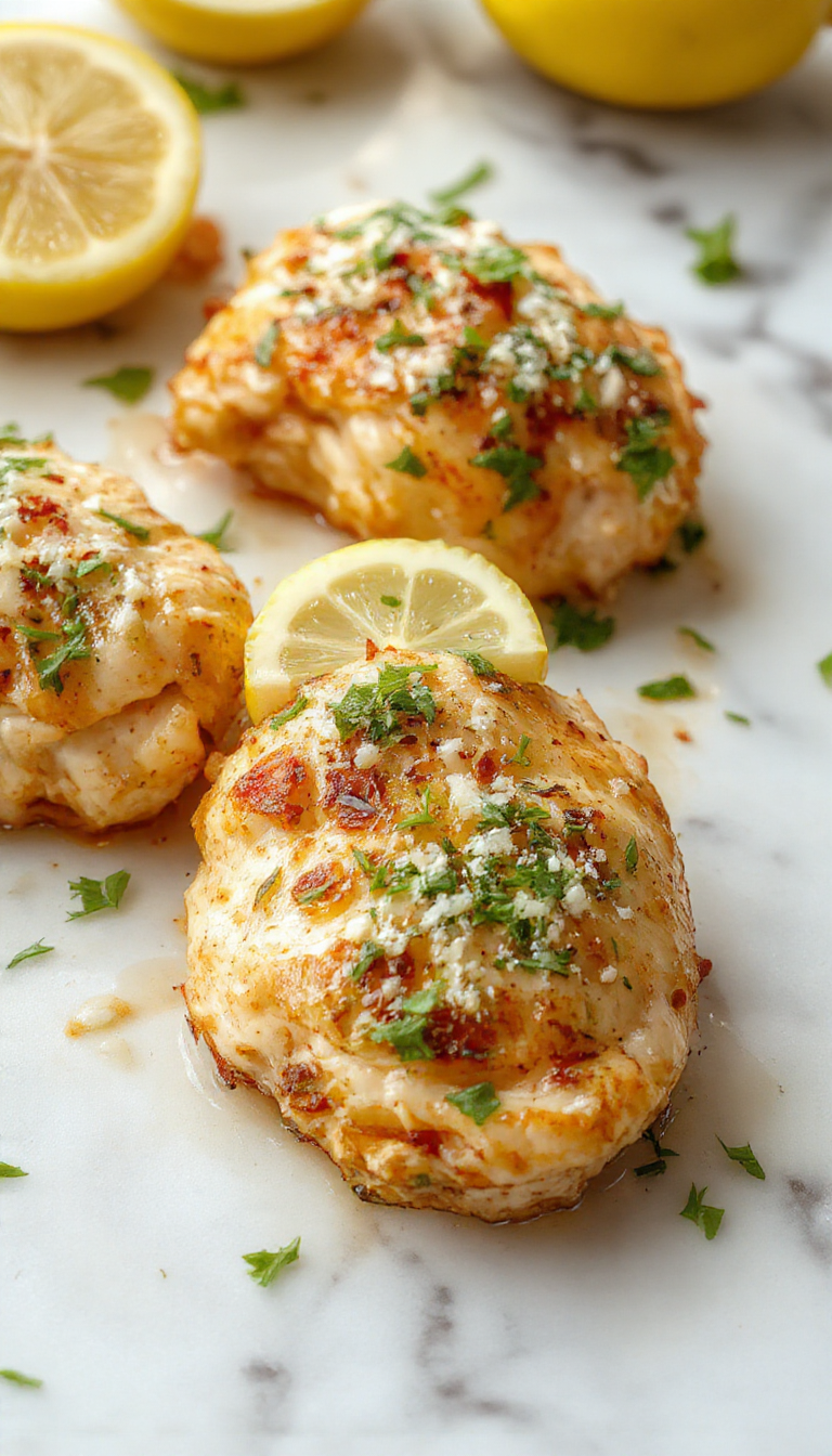 A vibrant plate featuring golden-brown lemon chicken topped with fresh lemon slices and parsley, served alongside a side of roasted vegetables on a white ceramic dish with a rustic wooden background, illuminated with natural light highlighting the crispy texture and bright colors.