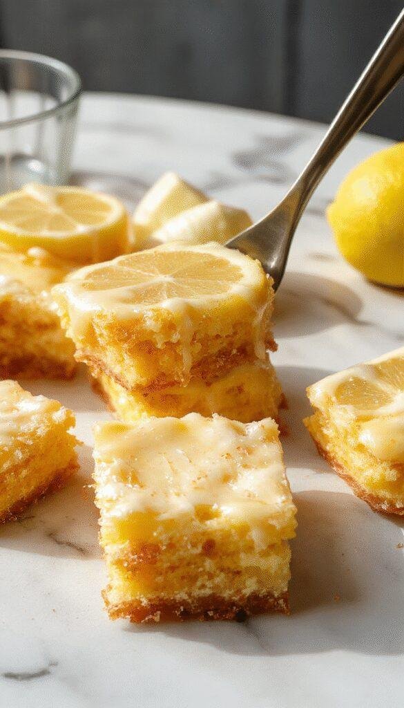 A plate of Zesty Lemon Dream Bars with a golden crust, vibrant lemon filling, and a dusting of powdered sugar on top.
