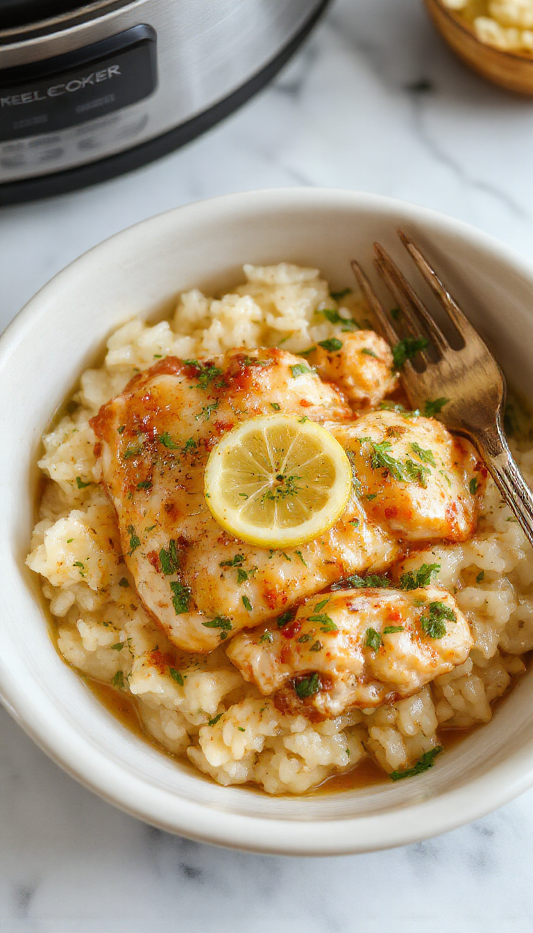 A beautifully plated serving of lemon herb chicken atop fluffy white rice, garnished with fresh herbs and lemon wedges. The dish features tender chicken with golden brown edges, vibrant green herbs, and bright yellow lemon slices, all styled on a rustic plate with a fresh herb sprig for decoration, set against a light pastel background that emphasizes freshness and warmth.