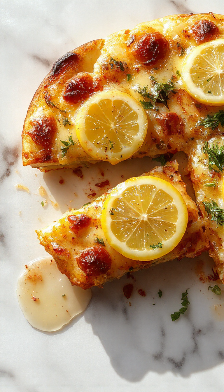 A vibrant lemon pizza topped with fresh green herbs and slices of lemon, presented on a rustic wooden board. The crust is golden brown with a crispy texture, garnished with colorful herbs like basil and parsley, and drizzled with olive oil. The background shows a bright, airy kitchen setting, emphasizing freshness and flavor.