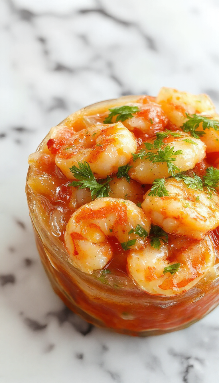 Colorful shrimp cocktail served in a glass bowl with bright red cocktail sauce, garnished with lime wedges, cucumber slices, and cilantro sprigs. The vibrant red of the shrimp contrasts with the fresh green garnishes, highlighting the textures of plump shrimp, smooth sauce, and crisp vegetables. The presentation is inviting, set against a rustic wooden table with a festive, summery atmosphere.