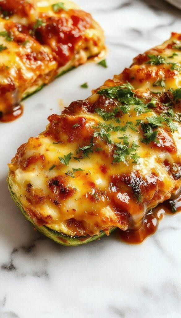 A colorful zucchini pizza casserole served in a white ceramic dish, topped with melted cheese, sliced zucchini, cherry tomatoes, and fresh basil, with a golden-brown crust and vibrant green and red accents.