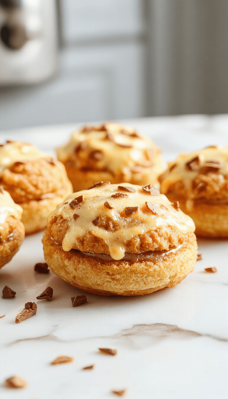 Colorful apple cider whoopie pies with swirls of creamy filling, golden-brown cookies dusted with cinnamon, styled on a rustic wooden surface with autumn leaves in the background