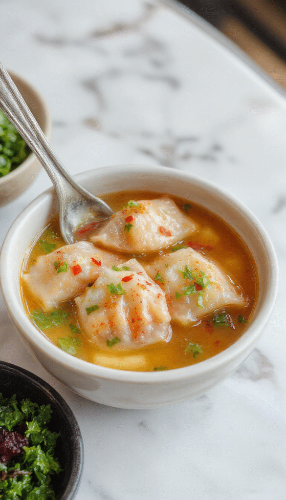 A vibrant bowl of Asian Dumpling Potsticker Soup featuring golden-brown crispy potstickers floating in a steaming, flavorful broth, garnished with chopped green onions and sesame seeds, with a side of fresh vegetables and chopsticks calmly resting on the bowl.