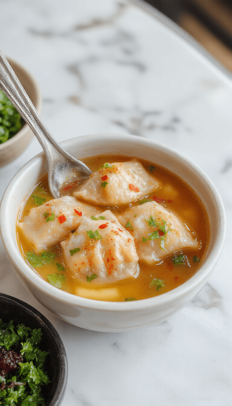 A vibrant bowl of Asian Dumpling Potsticker Soup featuring golden-brown crispy potstickers floating in a steaming, flavorful broth, garnished with chopped green onions and sesame seeds, with a side of fresh vegetables and chopsticks calmly resting on the bowl.