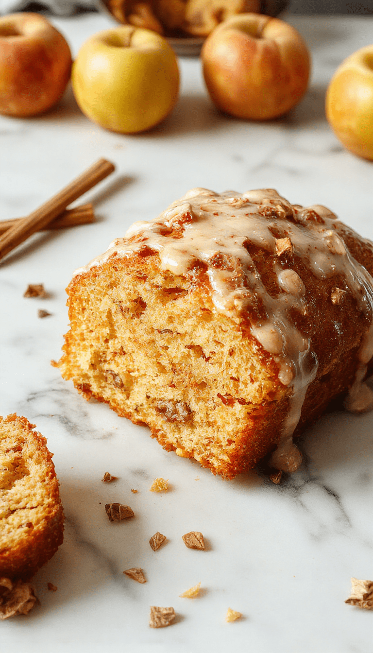 A golden-brown loaf of apple cider pound cake sits on a rustic wooden table, topped with a dusting of powdered sugar and garnished with sliced fresh apples and cinnamon sticks, with a cozy autumn setting in the background featuring soft lights and fall foliage.