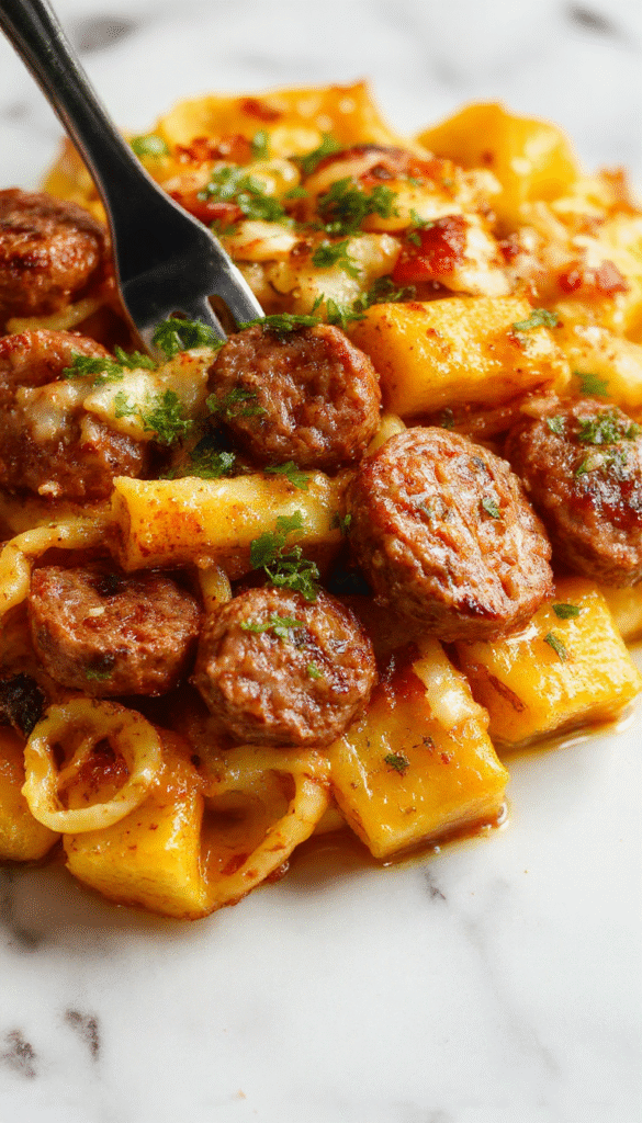 A vibrant bowl featuring golden roasted squash halves topped with sliced savory sausage, al dente pasta, and garnished with fresh herbs, with a cozy, rustic wooden table background highlighting warm fall tones and textures.