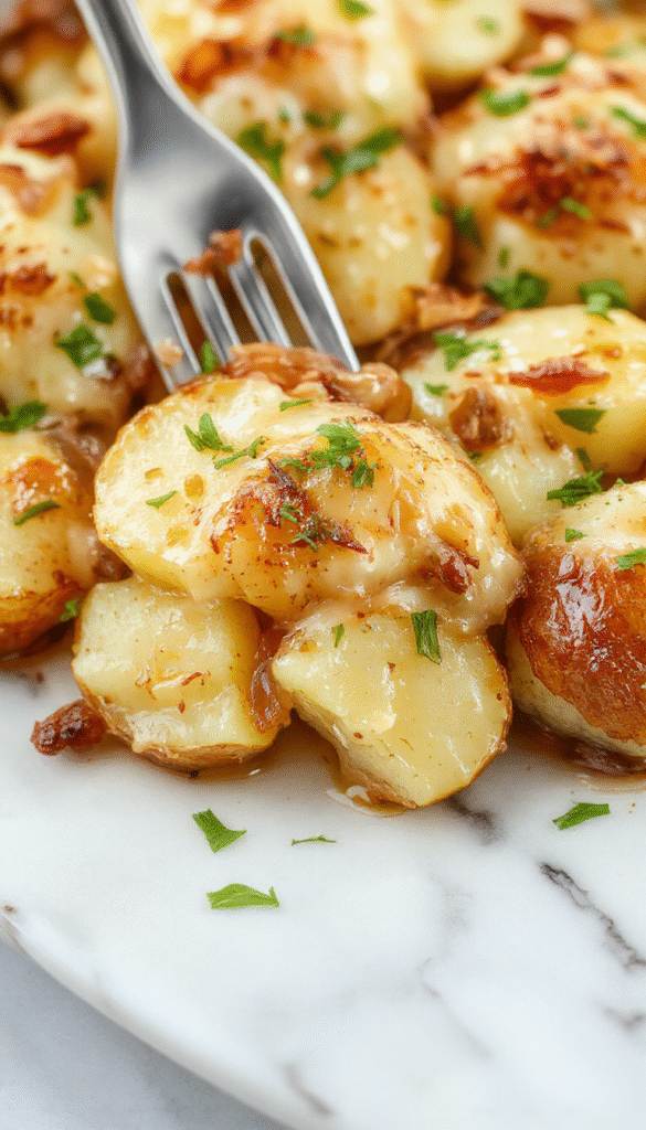 A vibrant, golden-brown potato casserole topped with melted cheese and caramelized onions, garnished with fresh herbs, served in a rustic dish with a side of leafy greens.