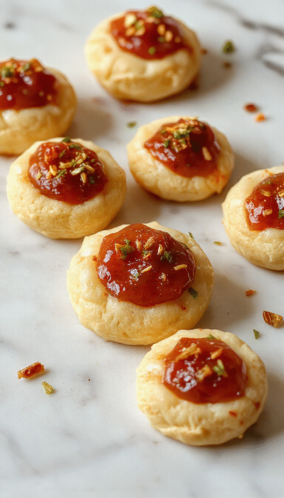 Colorful assortment of cheesy thumbprint appetizers arranged on a rustic wooden platter, topped with golden melted cheese and glossy hot pepper jelly, garnished with fresh herbs, with a vibrant background that highlights the creamy and spicy textures.