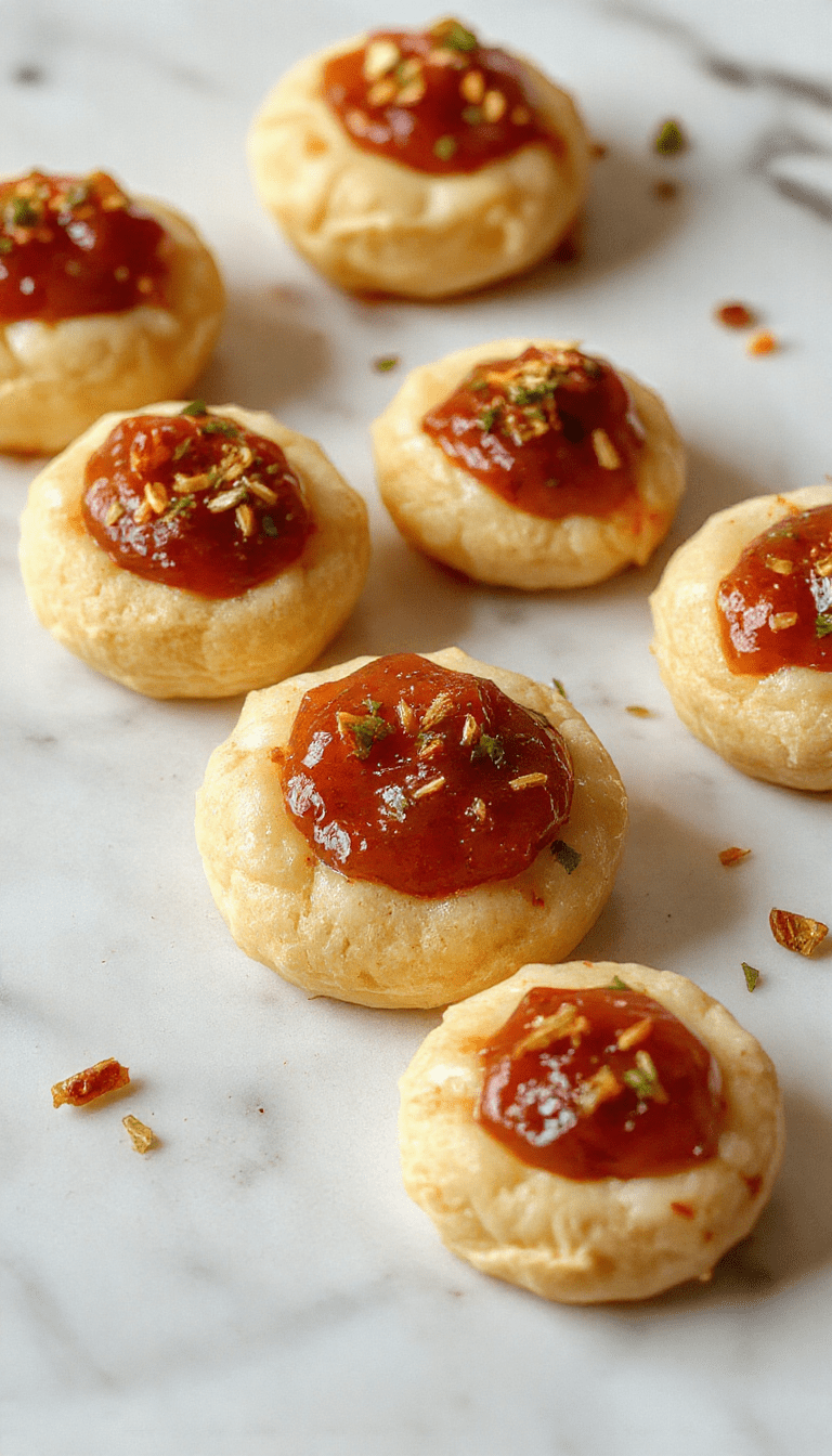 Colorful assortment of cheesy thumbprint appetizers arranged on a rustic wooden platter, topped with golden melted cheese and glossy hot pepper jelly, garnished with fresh herbs, with a vibrant background that highlights the creamy and spicy textures.