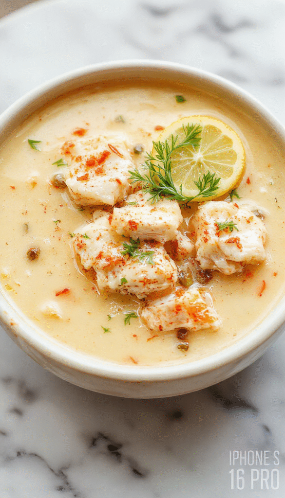A vibrant bowl of chicken piccata soup featuring tender chicken pieces in a clear broth, garnished with fresh lemon slices, capers, herbs, and a drizzle of olive oil, placed on a rustic wooden table with a lemon wedge and sprigs of parsley beside it, showcasing textures of tender chicken, bright lemon, and glossy capers.