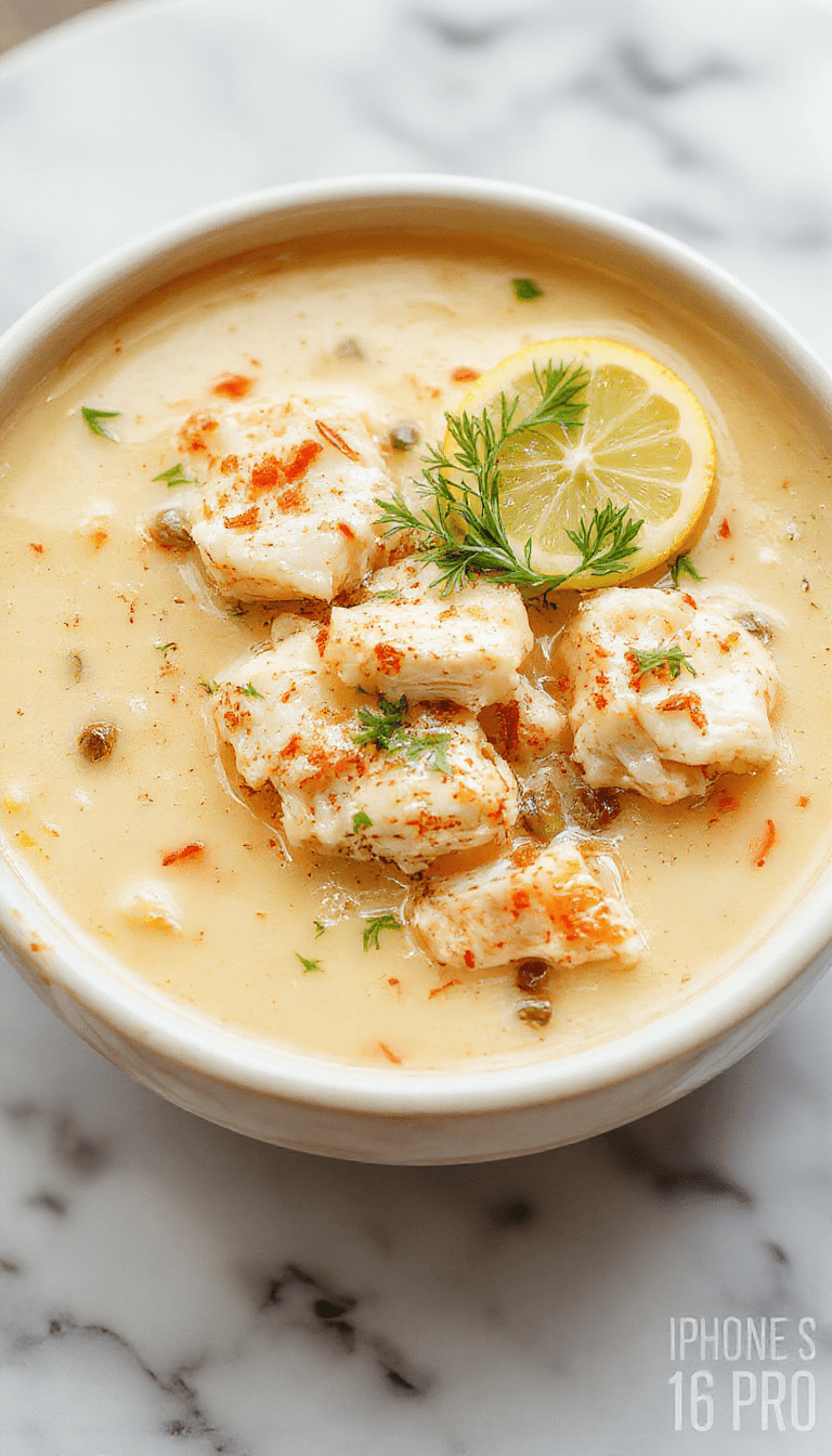 A vibrant bowl of chicken piccata soup featuring tender chicken pieces in a clear broth, garnished with fresh lemon slices, capers, herbs, and a drizzle of olive oil, placed on a rustic wooden table with a lemon wedge and sprigs of parsley beside it, showcasing textures of tender chicken, bright lemon, and glossy capers.