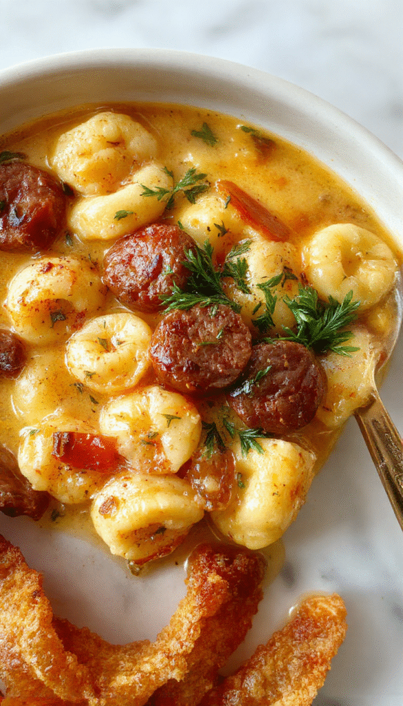 A warm bowl of autumn tortellini soup with sausage topped with fresh herbs, surrounded by rustic bread and fall foliage, showcasing vibrant orange and green colors, creamy broth with cheese-filled tortellini, and crispy sausage bites.