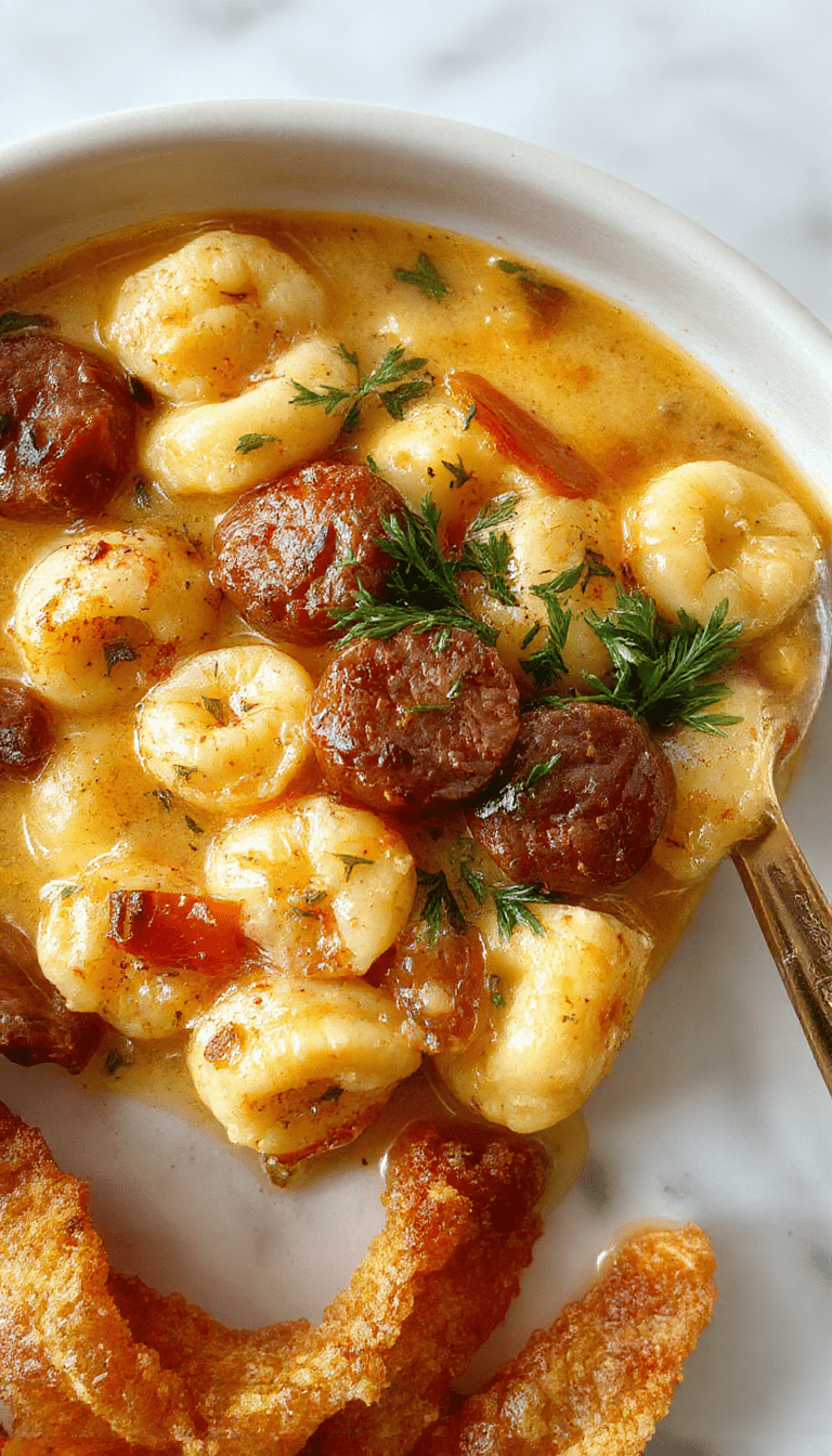 A warm bowl of autumn tortellini soup with sausage topped with fresh herbs, surrounded by rustic bread and fall foliage, showcasing vibrant orange and green colors, creamy broth with cheese-filled tortellini, and crispy sausage bites.