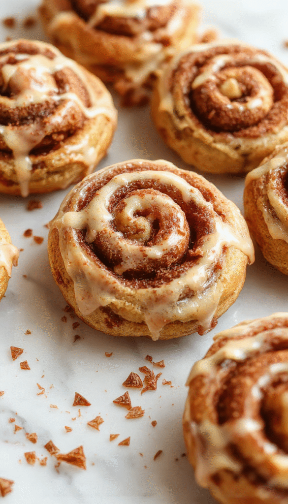 A close-up of golden-brown cinnamon roll cookies with swirled layers, topped with a glossy caramel glaze and a sprinkle of cinnamon, arranged on a rustic white plate with a cinnamon stick beside them, against a warm wooden background.