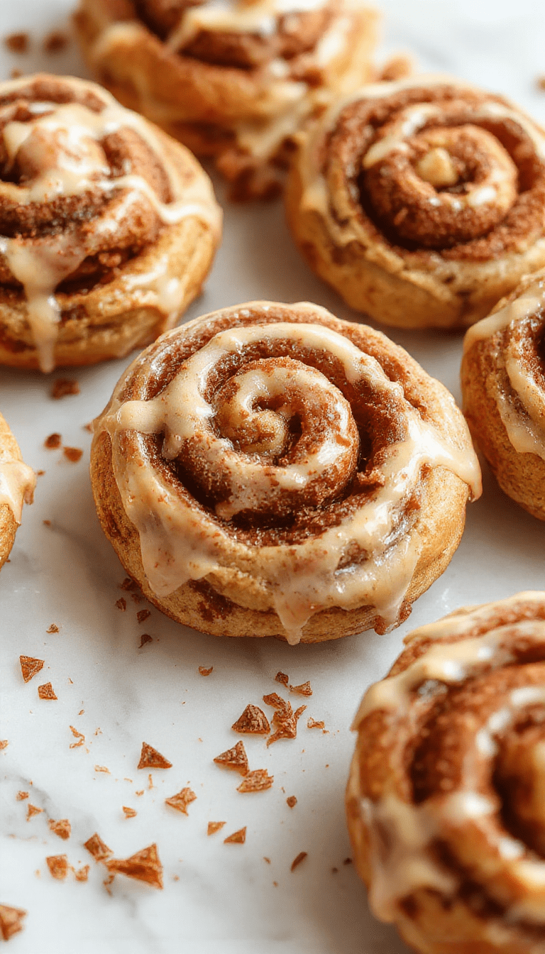 A close-up of golden-brown cinnamon roll cookies with swirled layers, topped with a glossy caramel glaze and a sprinkle of cinnamon, arranged on a rustic white plate with a cinnamon stick beside them, against a warm wooden background.