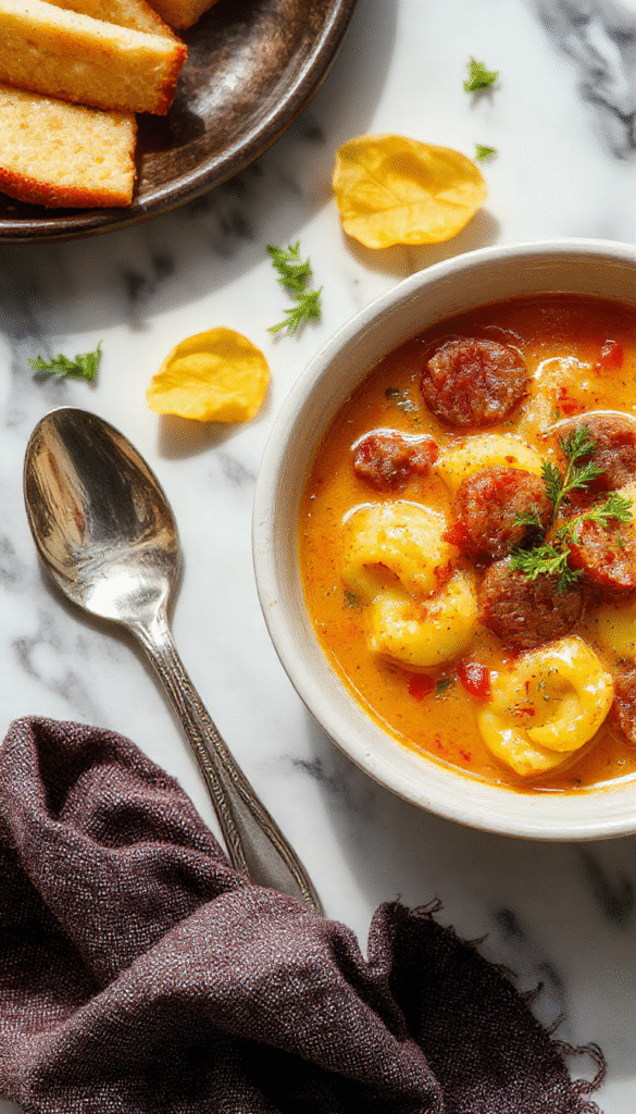 A steaming bowl of autumn tortellini soup with sausage on a rustic wooden table. The soup is rich orange with visible tortellini, chunks of sausage, and fresh herbs sprinkled on top. The bowl is white ceramic contrasting with the colorful ingredients, and the background shows fall-themed decorations and a cozy kitchen setting.