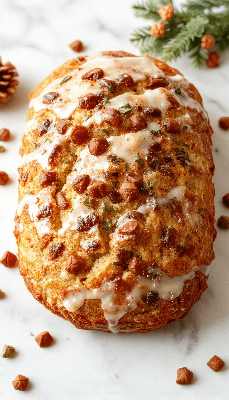 A slice of warm, golden-brown Christmas bread with colorful sprinkles and powdered sugar on top, displayed on a rustic wooden board alongside cinnamon sticks and fresh holly, with a cozy holiday atmosphere.