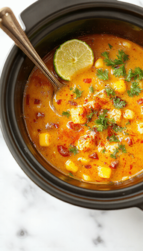 A vibrant bowl of Mexican street corn soup with a rich yellow-orange color, topped with fresh cilantro, crumbled cheese, and red chili flakes. The soup is served in a rustic white bowl on a wooden table, garnished with lime wedges and a drizzle of cream, with corn kernels and lime slices visible on top. The background shows a cozy kitchen setting with warm lighting.