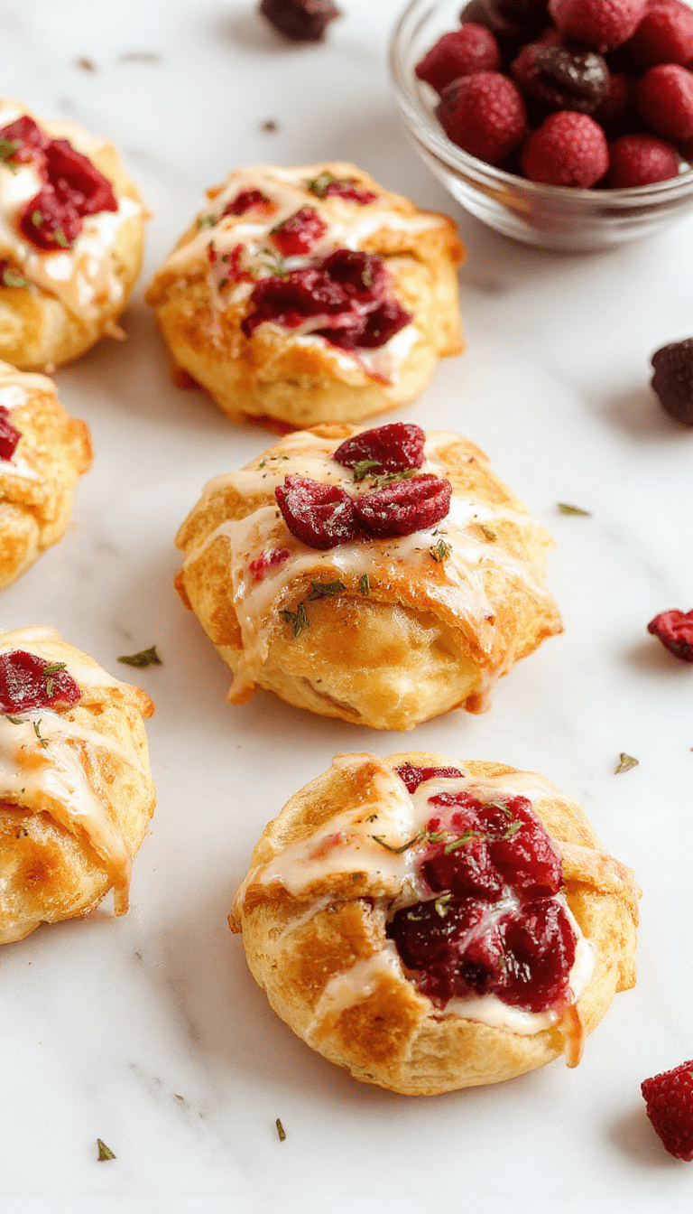 Colorful platter of golden-brown crescent roll bites filled with vibrant red cranberries and creamy cheese, garnished with fresh herbs on a rustic wooden surface