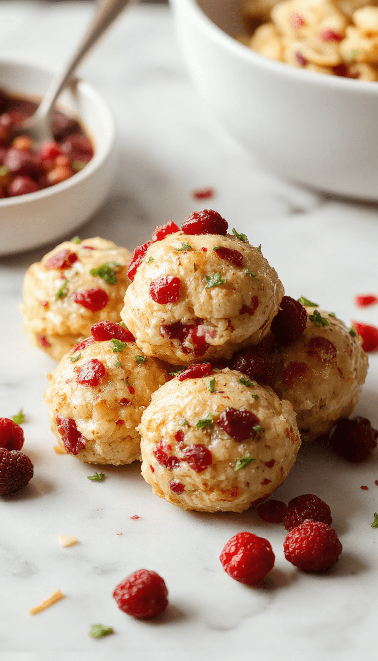 Colorful platter of golden-brown cranberry turkey stuffing balls garnished with fresh parsley, with a side of cranberry sauce and fluffy stuffing, styled on rustic white dishes with vibrant holiday table setting