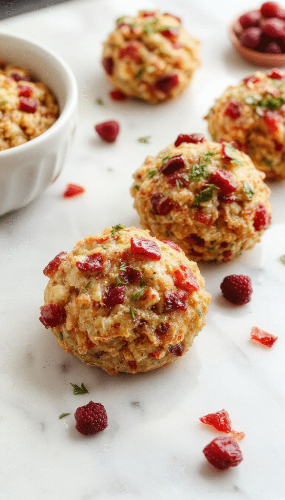 A close-up of golden-brown cranberry turkey stuffing balls arranged on a white plate, garnished with fresh parsley. The balls have a crispy exterior and are speckled with bright red cranberries and herbs, with a soft stuffing core visible. The background features a rustic wooden table with a fall-themed centerpiece, evoking a cozy holiday atmosphere.