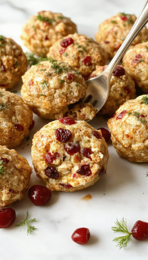 Colorful cranberry and turkey stuffing balls plated on a white dish, garnished with fresh herbs and a drizzle of sauce, set against a rustic wooden background with seasonal decorations, textures of crunchy exterior and moist interior visible
