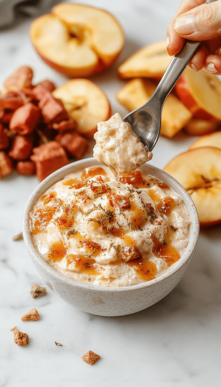 A close-up of a vibrant bowl of apple toffee dip, showcasing creamy caramel sauce dotted with small apple chunks and toffee bits, garnished with crushed nuts and a caramel drizzle on a rustic wooden platter, with fresh apple slices elegantly arranged around the bowl against a warm, cozy background.