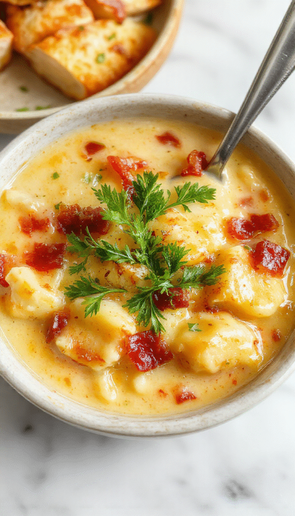 A creamy bowl of bacon cheddar gnocchi soup topped with crispy bacon crumbles and melted cheddar cheese, served with a sprinkle of fresh herbs on a rustic wooden table.
