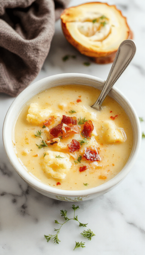 A steaming bowl of creamy bacon cheddar gnocchi soup garnished with chopped bacon, melted cheddar, and fresh herbs. The soup displays a rich, velvety texture with golden-brown gnocchi floating on top, served in a rustic white bowl on a wooden table with a spoon ready. The background showcases a cozy kitchen atmosphere with warm lighting.