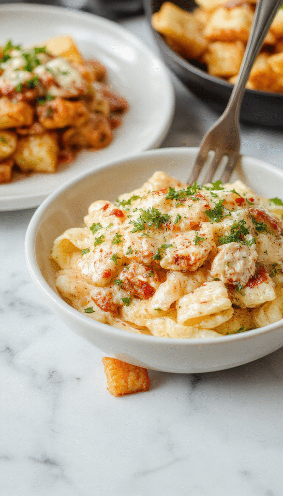 A vibrant plate of creamy Boursin chicken pasta featuring tender sliced chicken in a rich white sauce, garnished with fresh herbs and black pepper, served on a white ceramic plate with a rustic wooden background and a sprig of parsley for decoration.