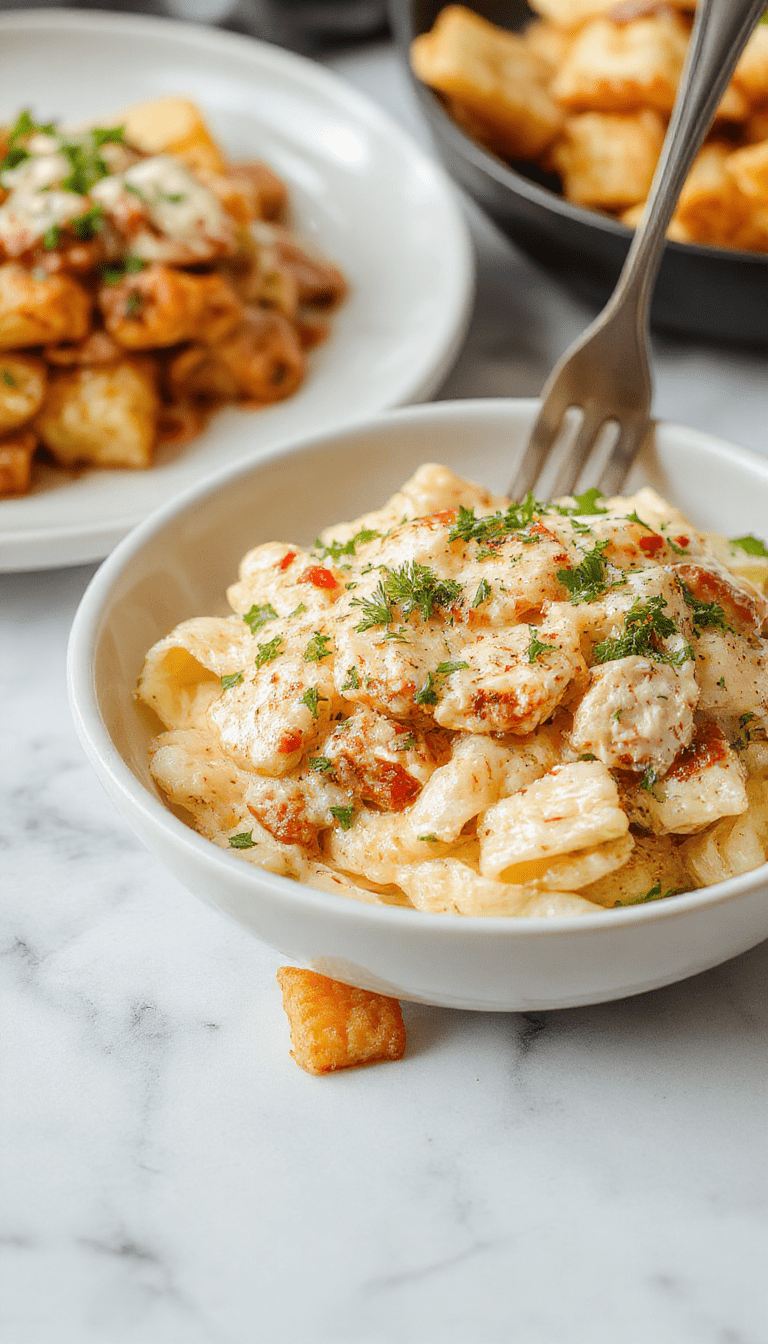 A vibrant plate of creamy Boursin chicken pasta featuring tender sliced chicken in a rich white sauce, garnished with fresh herbs and black pepper, served on a white ceramic plate with a rustic wooden background and a sprig of parsley for decoration.
