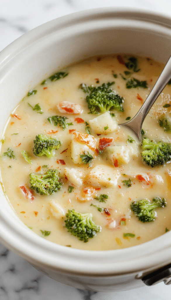 A steaming bowl of creamy broccoli and potato soup, garnished with shredded cheese and fresh chopped green onions, served in a rustic bowl on a wooden table with a spoon and a napkin, vibrant green broccoli florets and golden potato chunks visible in the creamy texture, with a cozy kitchen background.