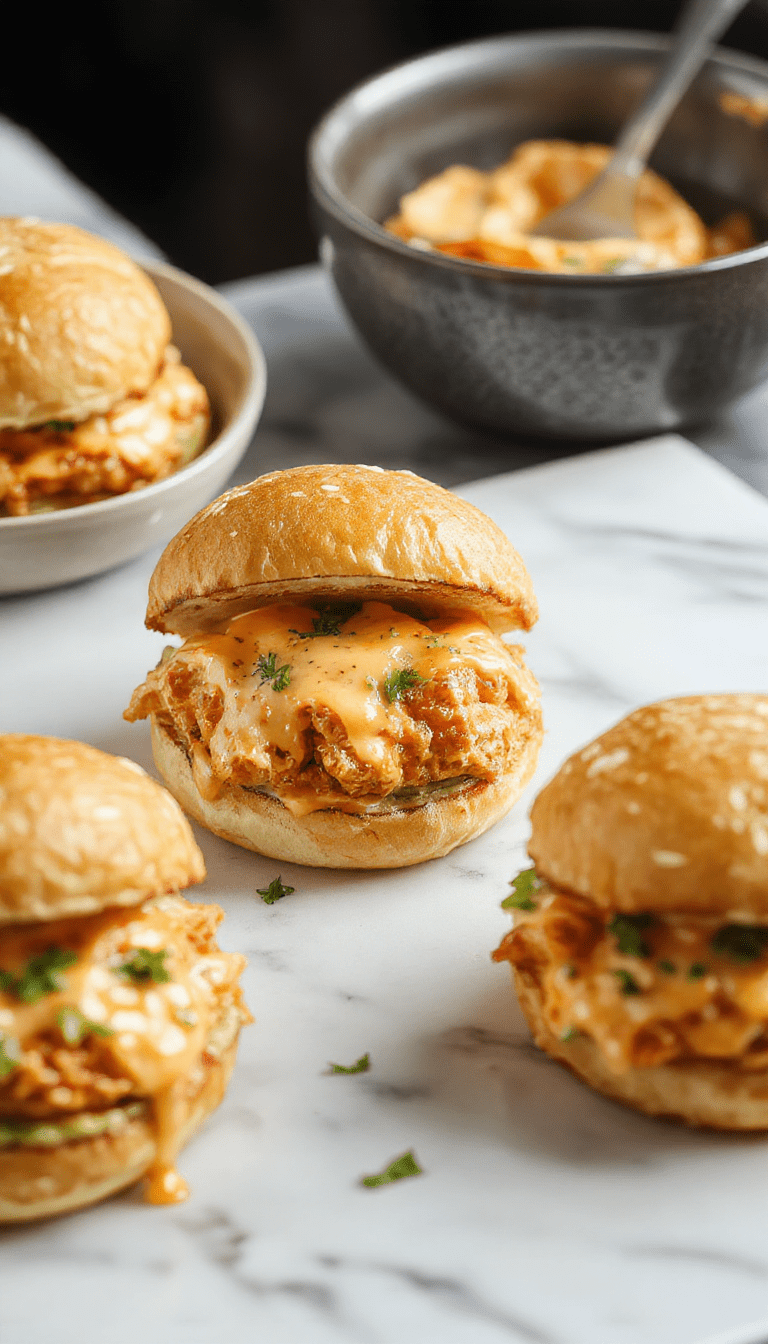 A close-up of vibrant buffalo chicken sliders on a white plate, featuring colorful shredded chicken coated in spicy buffalo sauce, topped with creamy dressing and crisp lettuce, nestled in glossy slider buns with sesame seeds, set on a rustic wooden table with fresh celery sticks and blue cheese dip in the background.
