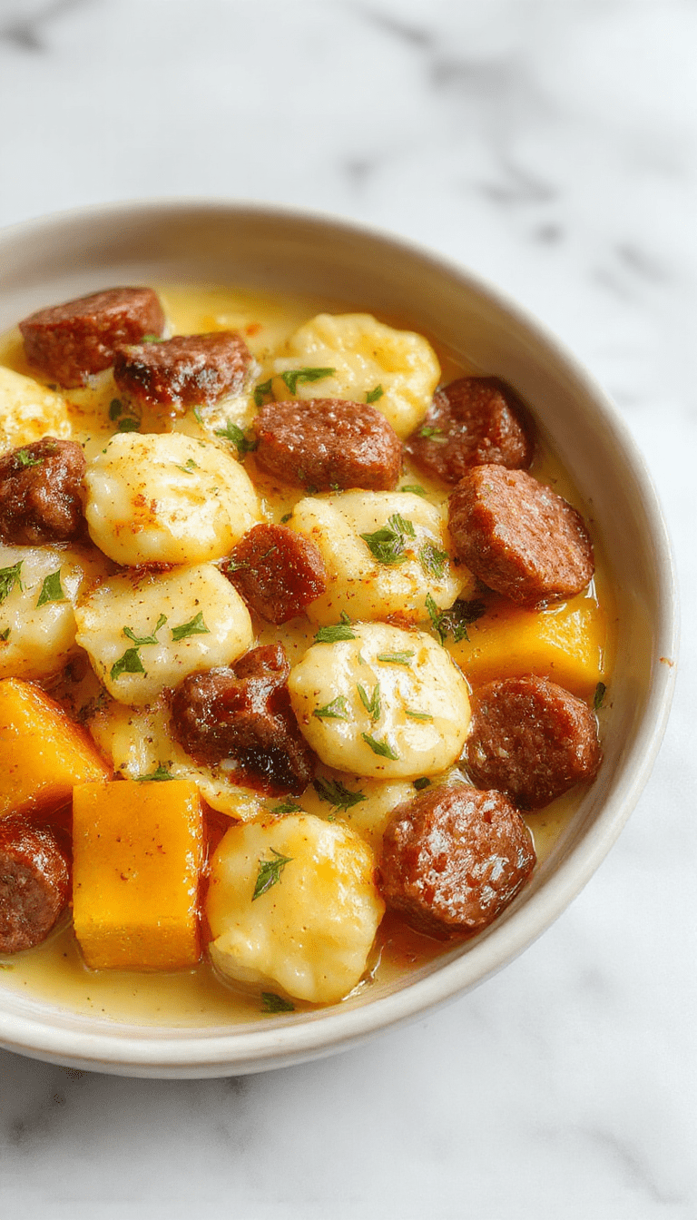 A close-up of creamy butternut squash gnocchi plated elegantly with slices of cooked sausage on top, garnished with fresh herbs. The vibrant orange of the gnocchi contrasts with the golden-brown sausage, all served on a rustic white plate with a drizzle of sauce, sprinkled with herbs and pepper, creating an inviting and appetizing visual.
