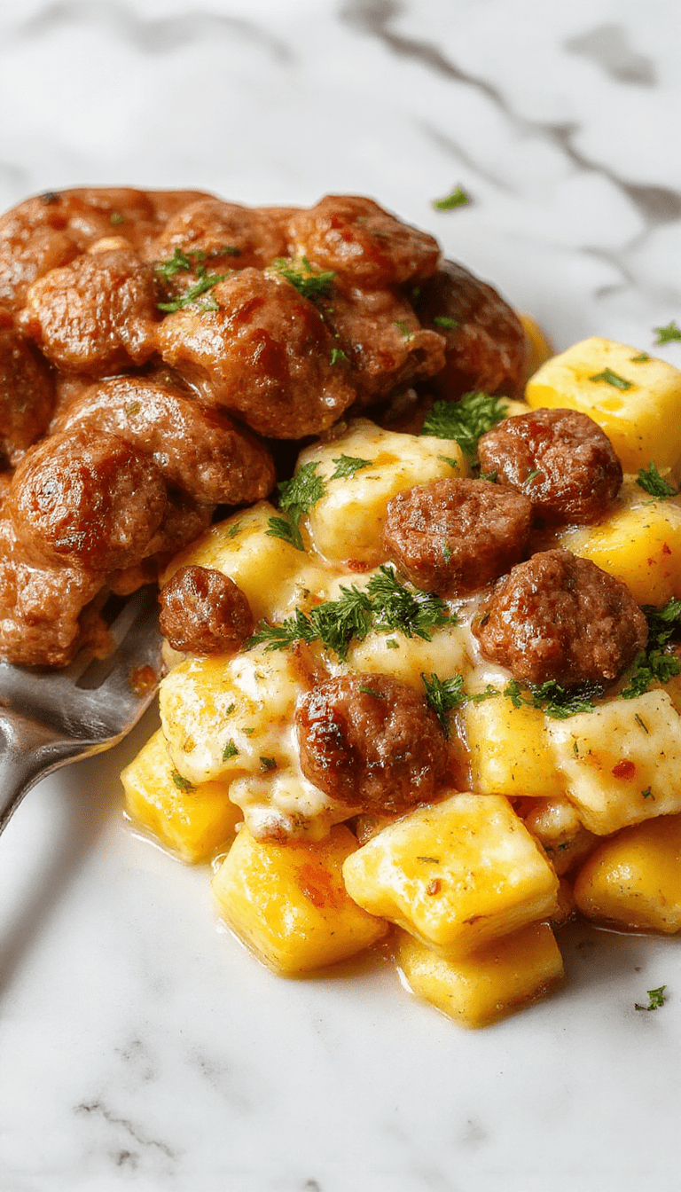A close-up shot of creamy butternut squash gnocchi plated elegantly with slices of browned sausage on top, garnished with fresh herbs. The vibrant orange hue of the gnocchi contrasts with the rich brown sausage and green herbs, all set on a rustic white plate with a textured background, emphasizing the creamy texture and inviting appearance.