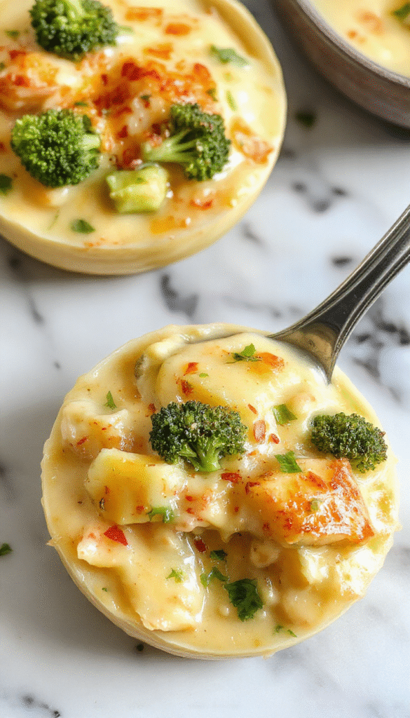 A steaming bowl of vibrant green broccoli and tender potato chunks in a rich, creamy yellow cheese sauce, garnished with fresh herbs and served on a rustic wooden table