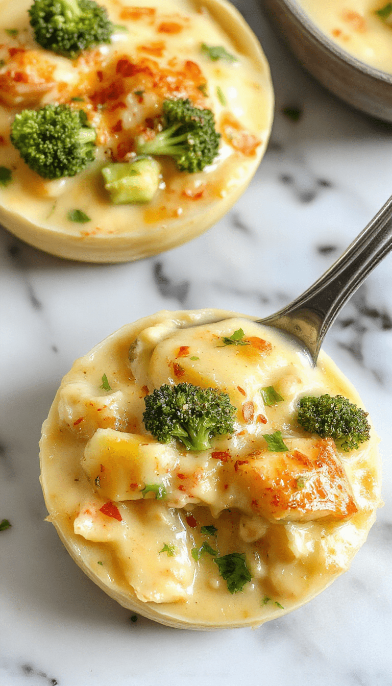 A steaming bowl of vibrant green broccoli and tender potato chunks in a rich, creamy yellow cheese sauce, garnished with fresh herbs and served on a rustic wooden table