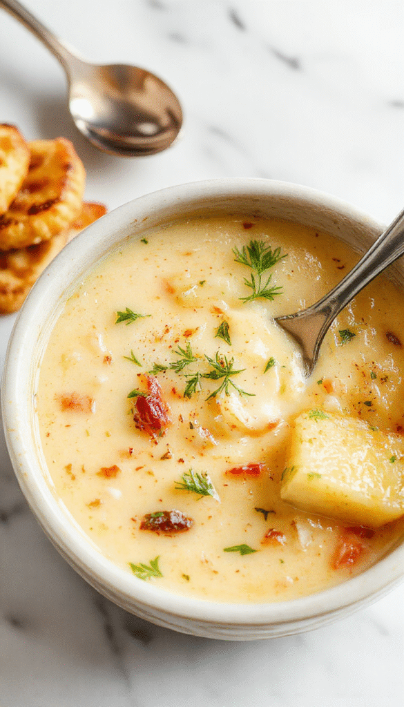 A bowl of creamy cheddar garlic herb potato soup garnished with fresh herbs and melted cheese, served with crusty bread on a rustic wooden table, vibrant yellow and green herbs contrasting with the rich, velvety soup.