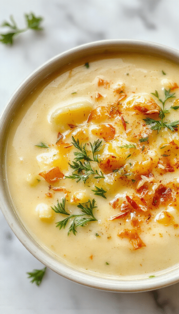 A warm, inviting bowl of creamy potato soup topped with melted cheddar cheese, fresh chopped herbs, and crispy garlic bread on a rustic wooden table with a beige napkin, highlighting the rich textures and vibrant colors.